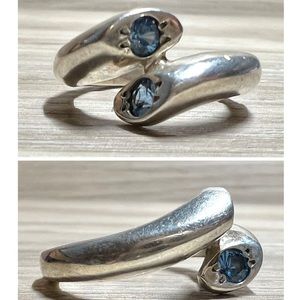 Designer (M) Handmade Sterling Silver Modernist Blue Topaz Bypass Ring, 6.25